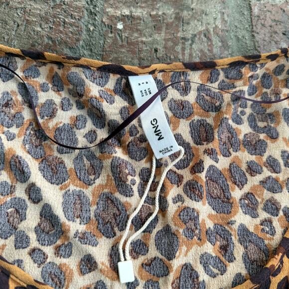 MNG Mango Leopard Animal Print Blouse Size M Brown Long Sleeve Bow/Tie Neck - Picture 3 of 4